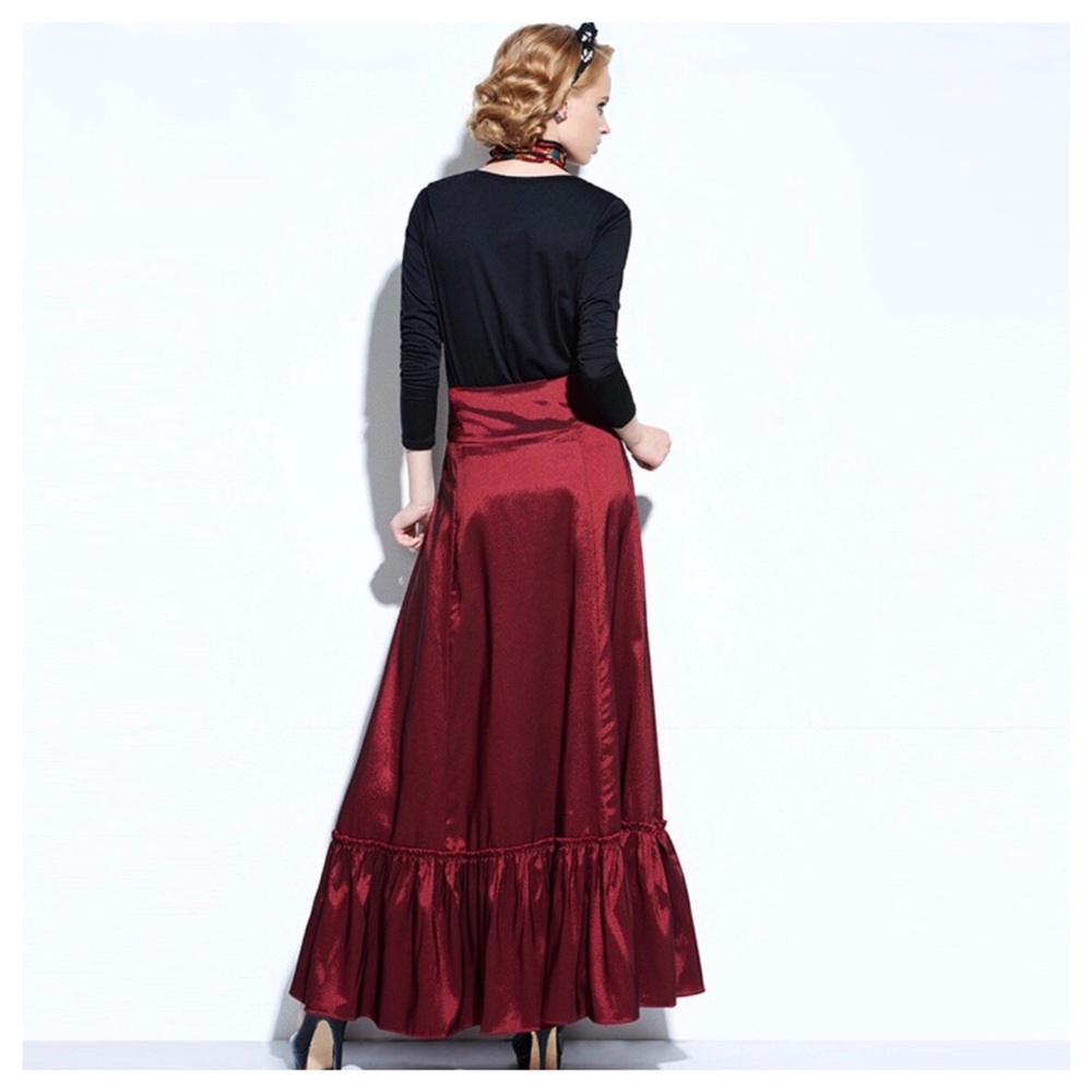 Red Silky Lace Up Trumpet Skirt - Picture 4 of 6